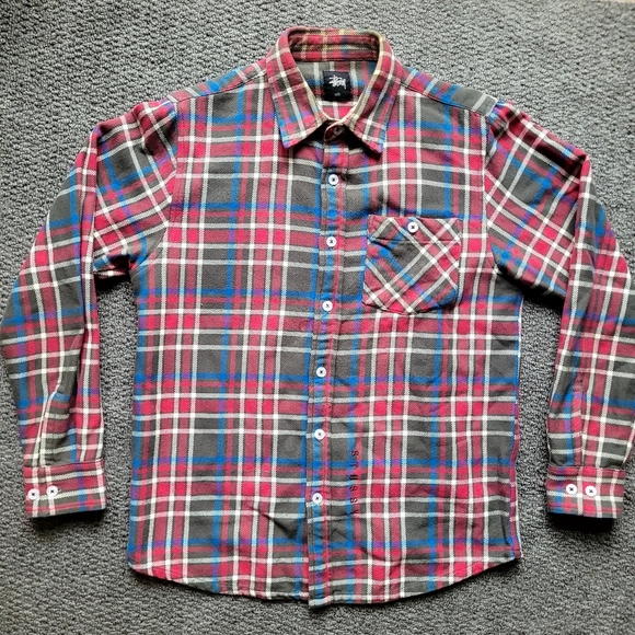 Stussy men's flannel shirt size S button down checked long sleeve fall cotton - Picture 1 of 13